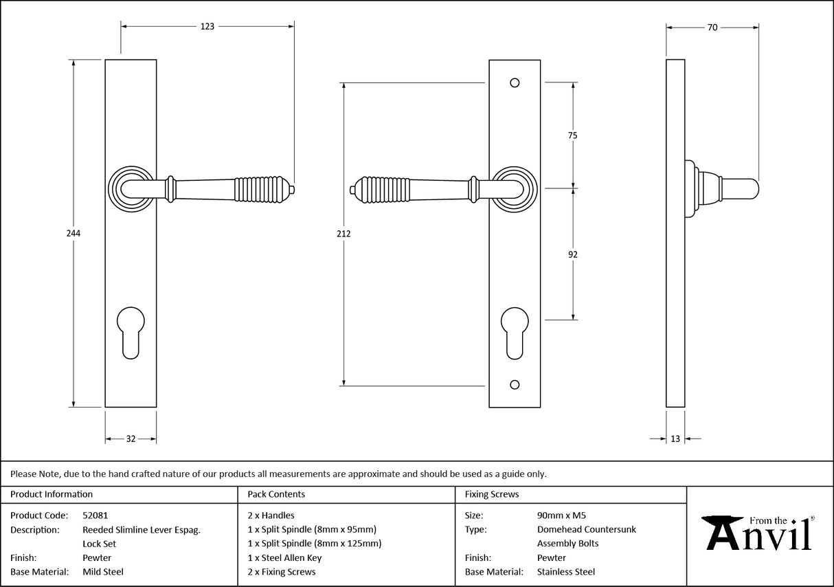 From The Anvil - Pewter Reeded Slimline Lever Espag. Lock Set | Sku. 52081 | Trade Door Handles.