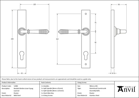 From The Anvil - Pewter Reeded Slimline Lever Espag. Lock Set | Sku. 52081 | Trade Door Handles.