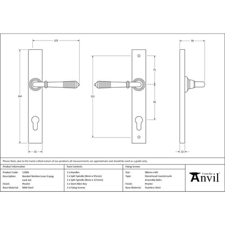 From The Anvil - Pewter Reeded Slimline Lever Espag. Lock Set | Sku. 52081 | Trade Door Handles.