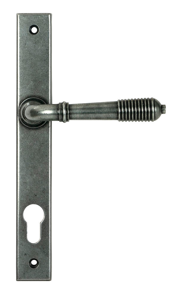 This is an image of From The Anvil - Pewter Reeded Slimline Lever Espag. Lock Set available to order from Trade Door Handles in Kendal.