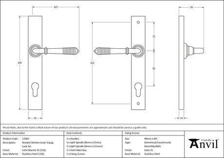 From The Anvil - Satin Marine SS (316) Reeded Slimline Lever Espag. Lock Set | Sku. 52083 | Trade Door Handles.