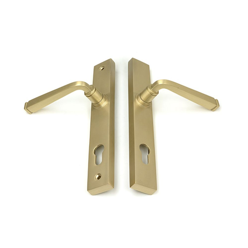 High quality images of the From The Anvil - Satin Brass Avon Slimline Lever Espag. Lock Set | Sku. Anvil-52084 | available to order from Trade Door Handles, quick delivery at discounted prices.