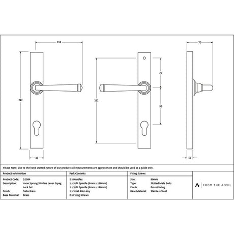 High quality images of the From The Anvil - Satin Brass Avon Slimline Lever Espag. Lock Set | Sku. Anvil-52084 | available to order from Trade Door Handles, quick delivery at discounted prices.