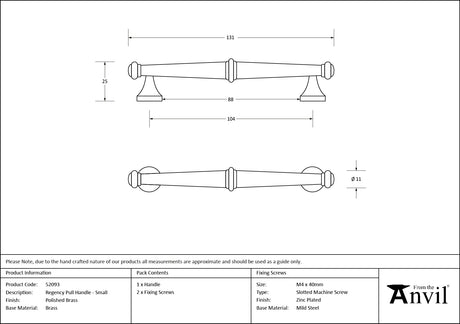 From The Anvil - Polished Brass Regency Pull Handle - Small | Sku. 52093 | Trade Door Handles.