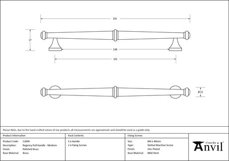 From The Anvil - Polished Brass Regency Pull Handle - Medium | Sku. 52094 | Trade Door Handles.