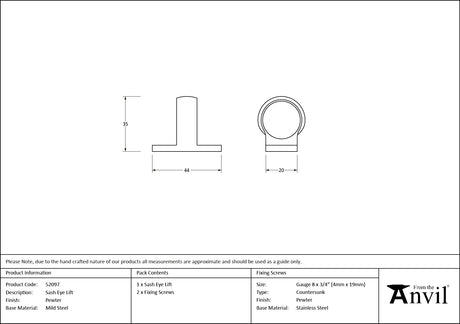 From The Anvil - Pewter Sash Eye Lift | Sku. 52097 | Trade Door Handles.