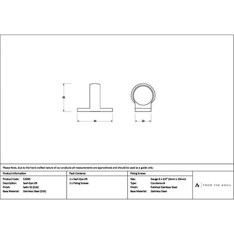 High quality images of the From The Anvil - Satin Marine SS (316) Sash Eye Lift | Sku. Anvil-52099 | available to order from Trade Door Handles, quick delivery at discounted prices.