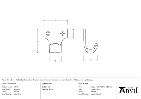 From The Anvil - Pewter Sash Lift | Sku. 52100 | Trade Door Handles.