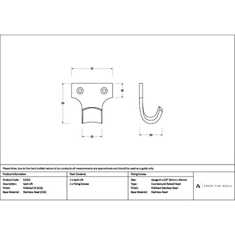 High quality images of the From The Anvil - Polished Marine SS (316) Sash Lift | Sku. Anvil-52101 | available to order from Trade Door Handles, quick delivery at discounted prices.