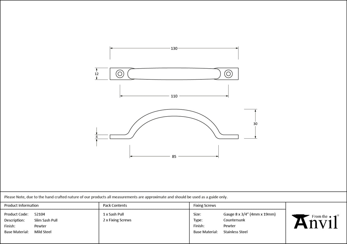 From The Anvil - Pewter Slim Sash Pull | Sku. 52104 | Trade Door Handles.