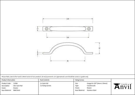 From The Anvil - Pewter Slim Sash Pull | Sku. 52104 | Trade Door Handles.