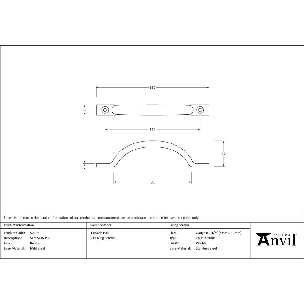 From The Anvil - Pewter Slim Sash Pull | Sku. 52104 | Trade Door Handles.