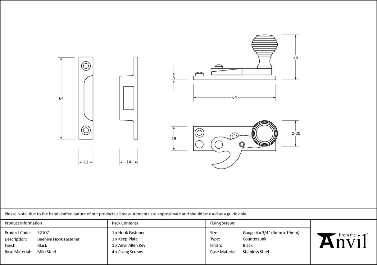 From The Anvil - Black Beehive Sash Hook Fastener | Sku. 52107 | Trade Door Handles.