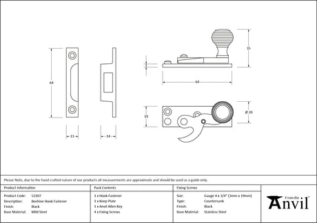 From The Anvil - Black Beehive Sash Hook Fastener | Sku. 52107 | Trade Door Handles.