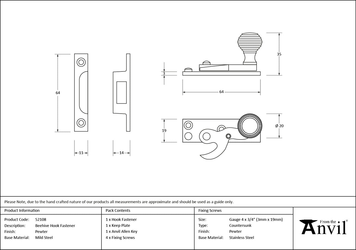 From The Anvil - Pewter Beehive Sash Hook Fastener | Sku. 52108 | Trade Door Handles.