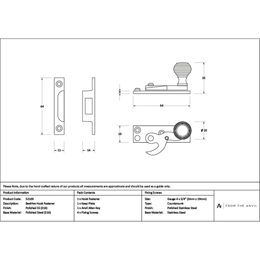 High quality images of the From The Anvil - Polished Marine SS (316) Beehive Sash Hook Fastener | Sku. Anvil-52109 | available to order from Trade Door Handles, quick delivery at discounted prices.