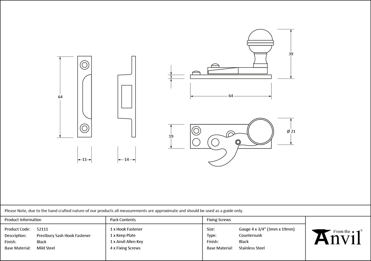 From The Anvil - Black Prestbury Sash Hook Fastener | Sku. 52111 | Trade Door Handles.