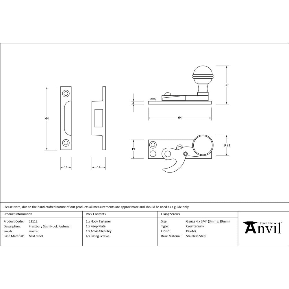 From The Anvil - Pewter Prestbury Sash Hook Fastener | Sku. 52112 | Trade Door Handles.
