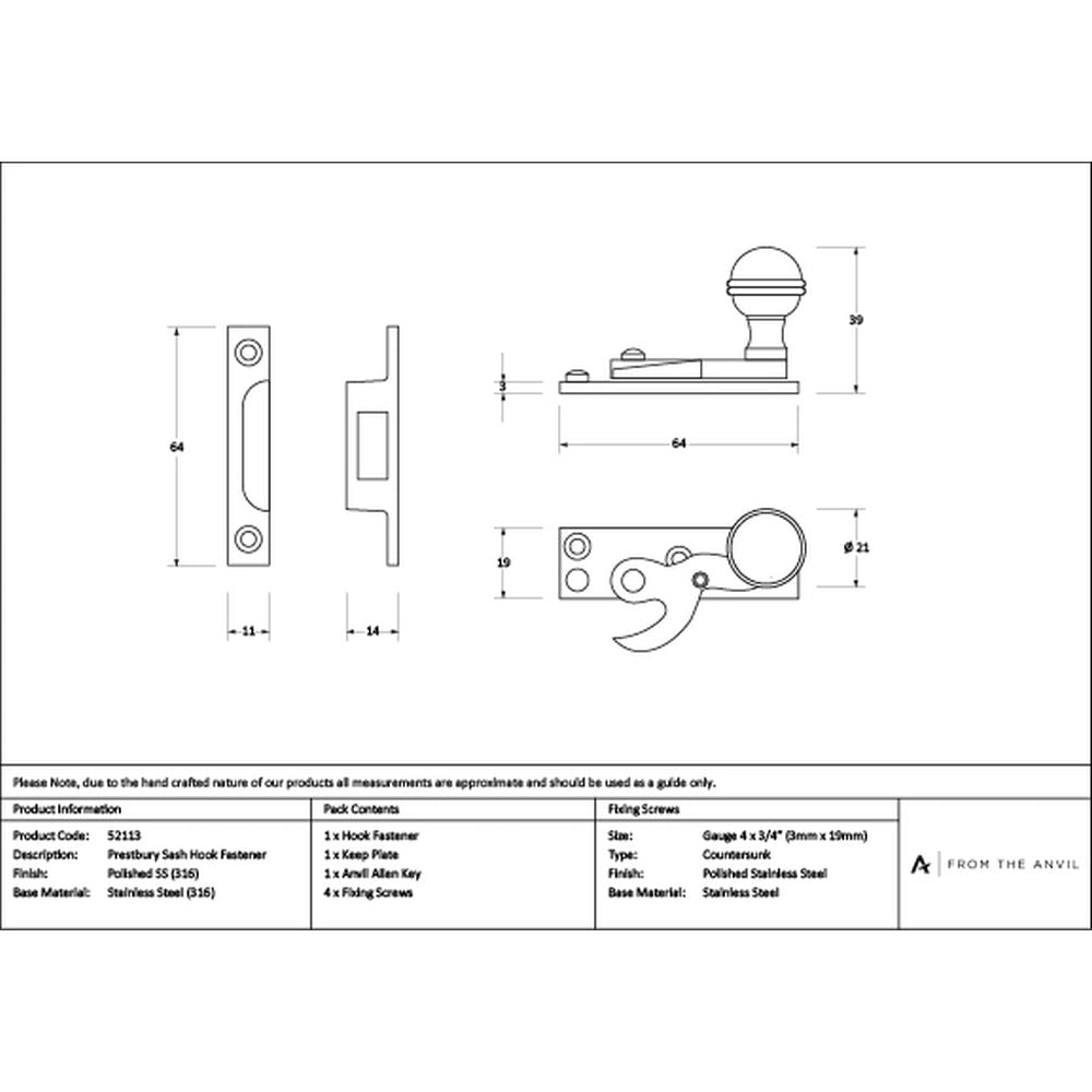High quality images of the From The Anvil - Polished Marine SS (316) Prestbury Sash Hook Fastener | Sku. Anvil-52113 | available to order from Trade Door Handles, quick delivery at discounted prices.