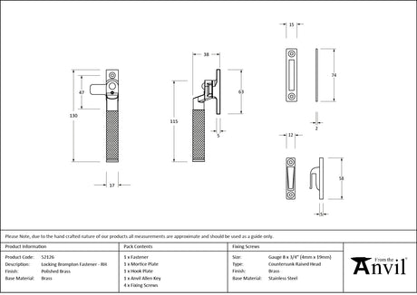 From The Anvil - Polished Brass Locking Brompton Fastener RH | Sku. 52126 | Trade Door Handles.
