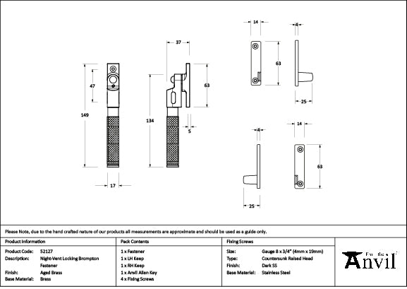 From The Anvil - Aged Brass Night-Vent Locking Brompton Fastener