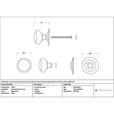High quality images of the From The Anvil - Aged Bronze Round Centre Door Knob | Sku. Anvil-52136 | available to order from Trade Door Handles, quick delivery at discounted prices.