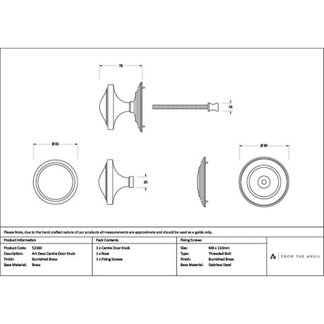 High quality images of the From The Anvil - Burnished Brass Art Deco Centre Door Knob | Sku. Anvil-52160 | available to order from Trade Door Handles, quick delivery at discounted prices.
