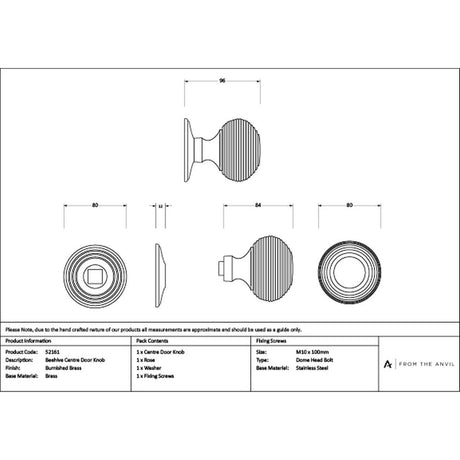 High quality images of the From The Anvil - Burnished Brass Beehive Centre Door Knob | Sku. Anvil-52161 | available to order from Trade Door Handles, quick delivery at discounted prices.