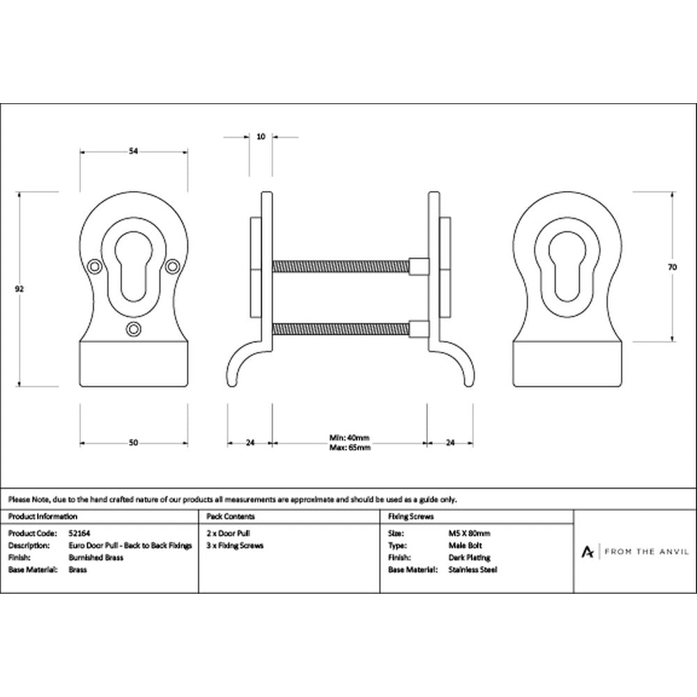 High quality images of the From The Anvil - Burnished Brass 50mm Euro Door Pull (Back to Back fixings) | Sku. Anvil-52164 | available to order from Trade Door Handles, quick delivery at discounted prices.