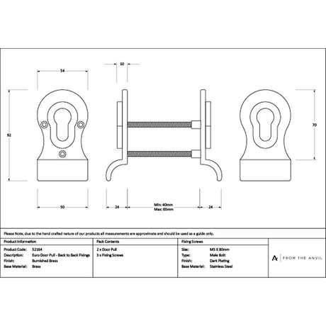 High quality images of the From The Anvil - Burnished Brass 50mm Euro Door Pull (Back to Back fixings) | Sku. Anvil-52164 | available to order from Trade Door Handles, quick delivery at discounted prices.