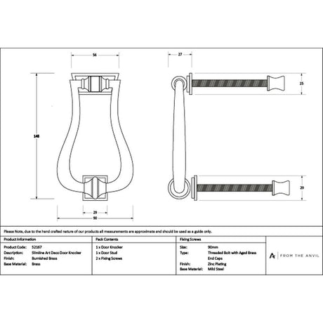 High quality images of the From The Anvil - Burnished Brass Slimline Art Deco Door Knocker | Sku. Anvil-52167 | available to order from Trade Door Handles, quick delivery at discounted prices.
