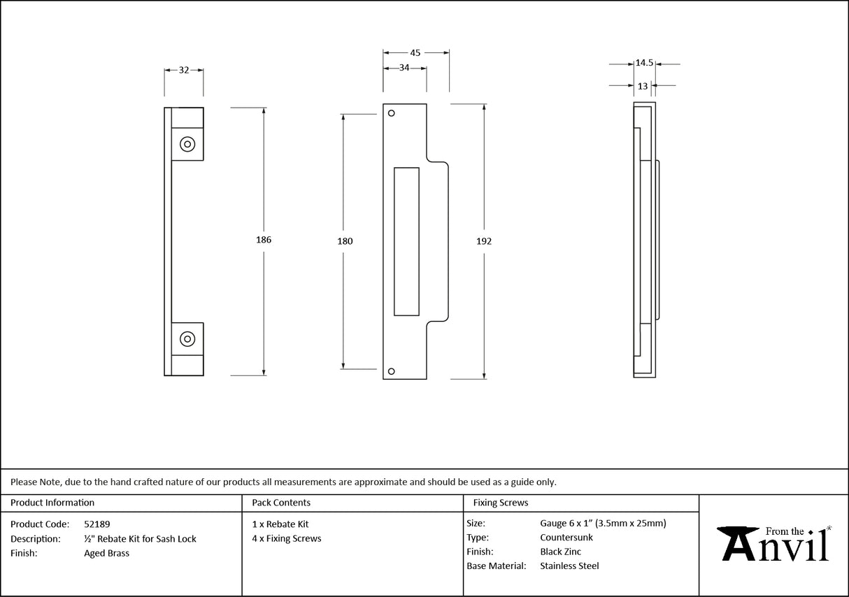 From The Anvil - ½" Rebate Kit for Sash Lock Aged Brass | Sku. 52189 | Trade Door Handles.