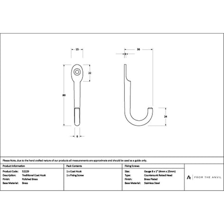 High quality images of the From The Anvil - Polished Brass Traditional Coat Hook | Sku. Anvil-52229 | available to order from Trade Door Handles, quick delivery at discounted prices.