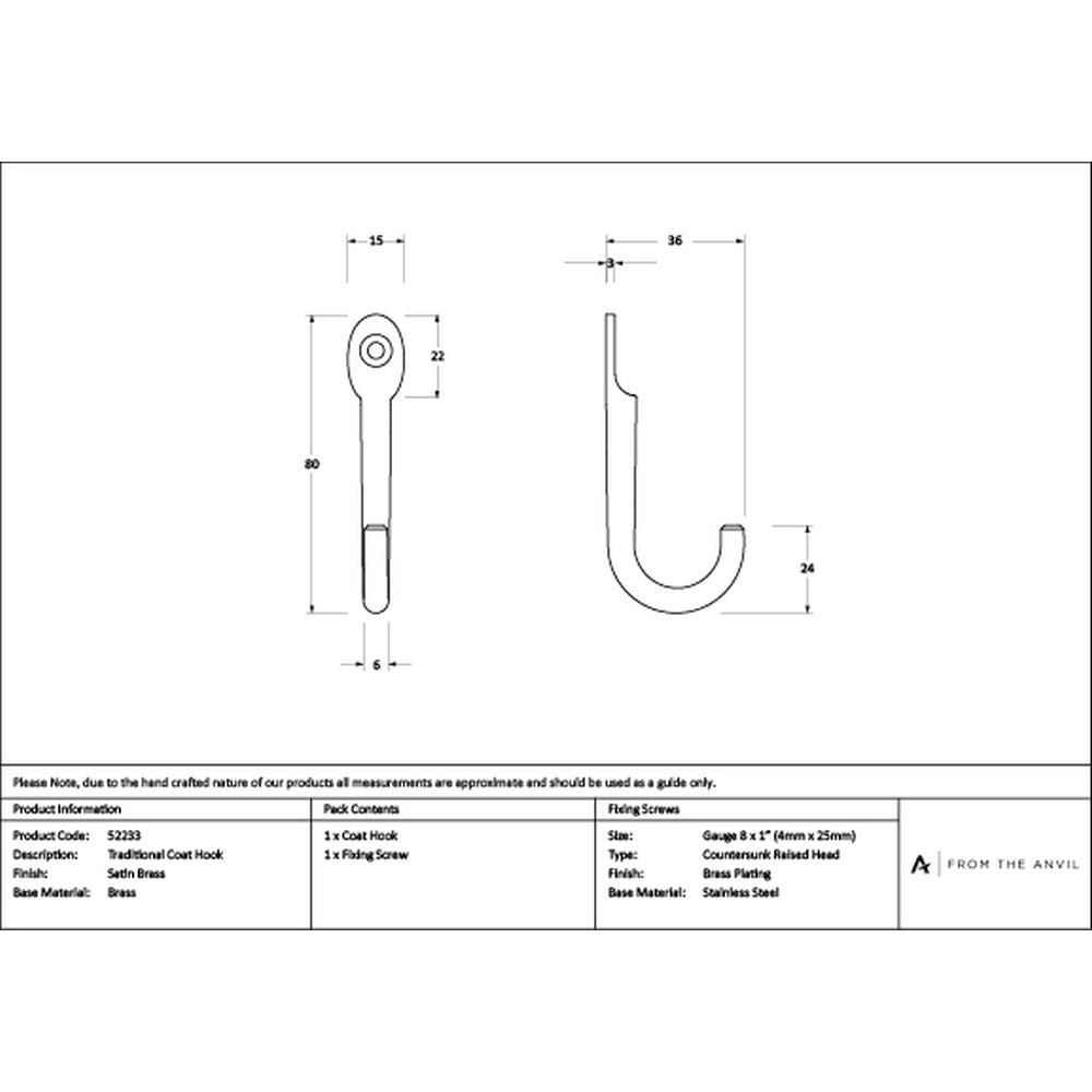 High quality images of the From The Anvil - Satin Brass Traditional Coat Hook | Sku. Anvil-52233 | available to order from Trade Door Handles, quick delivery at discounted prices.