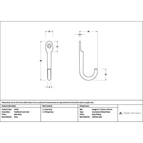High quality images of the From The Anvil - Satin Brass Traditional Coat Hook | Sku. Anvil-52233 | available to order from Trade Door Handles, quick delivery at discounted prices.