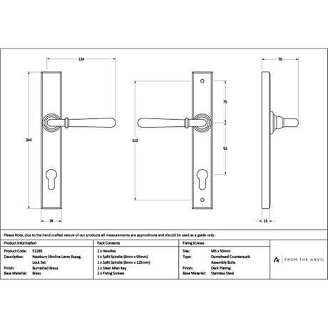High quality images of the From The Anvil - Burnished Brass Newbury Slimline Lever Espag. Lock Set | Sku. Anvil-52285 | available to order from Trade Door Handles, quick delivery at discounted prices.