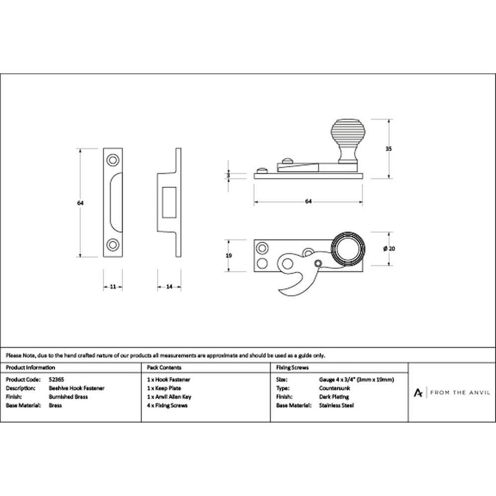 High quality images of the From The Anvil - Burnished Brass Beehive Sash Hook Fastener | Sku. Anvil-52365 | available to order from Trade Door Handles, quick delivery at discounted prices.