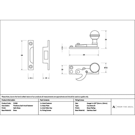 High quality images of the From The Anvil - Satin Brass Prestbury Sash Hook Fastener | Sku. Anvil-52368 | available to order from Trade Door Handles, quick delivery at discounted prices.