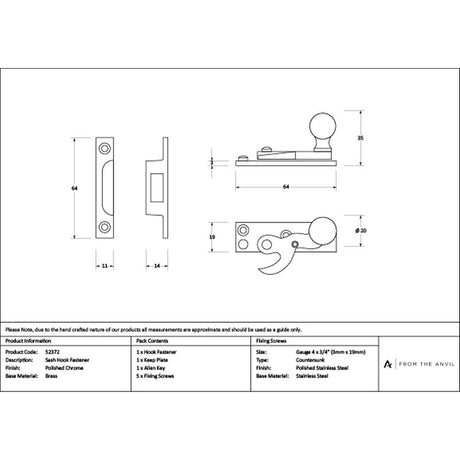 High quality images of the From The Anvil - Polished Chrome Sash Hook Fastener | Sku. Anvil-52372 | available to order from Trade Door Handles, quick delivery at discounted prices.