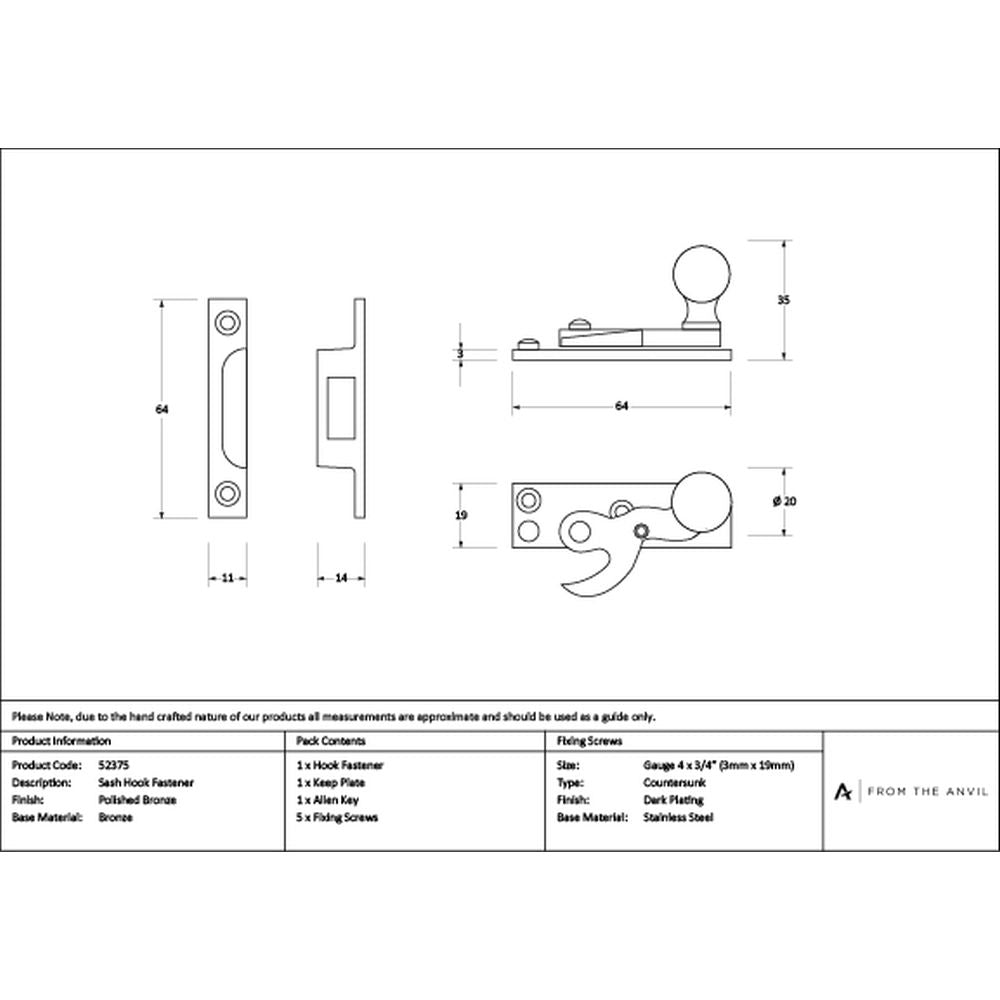 High quality images of the From The Anvil - Polished Bronze Sash Hook Fastener | Sku. Anvil-52375 | available to order from Trade Door Handles, quick delivery at discounted prices.