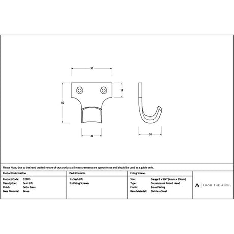 High quality images of the From The Anvil - Satin Brass Sash Lift | Sku. Anvil-52383 | available to order from Trade Door Handles, quick delivery at discounted prices.