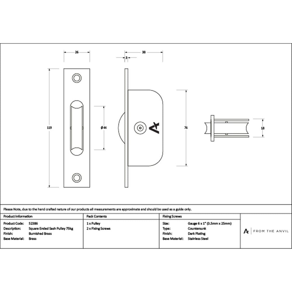 High quality images of the From The Anvil - Burnished Brass Square Ended Sash Pulley 75kg | Sku. Anvil-52386 | available to order from Trade Door Handles, quick delivery at discounted prices.