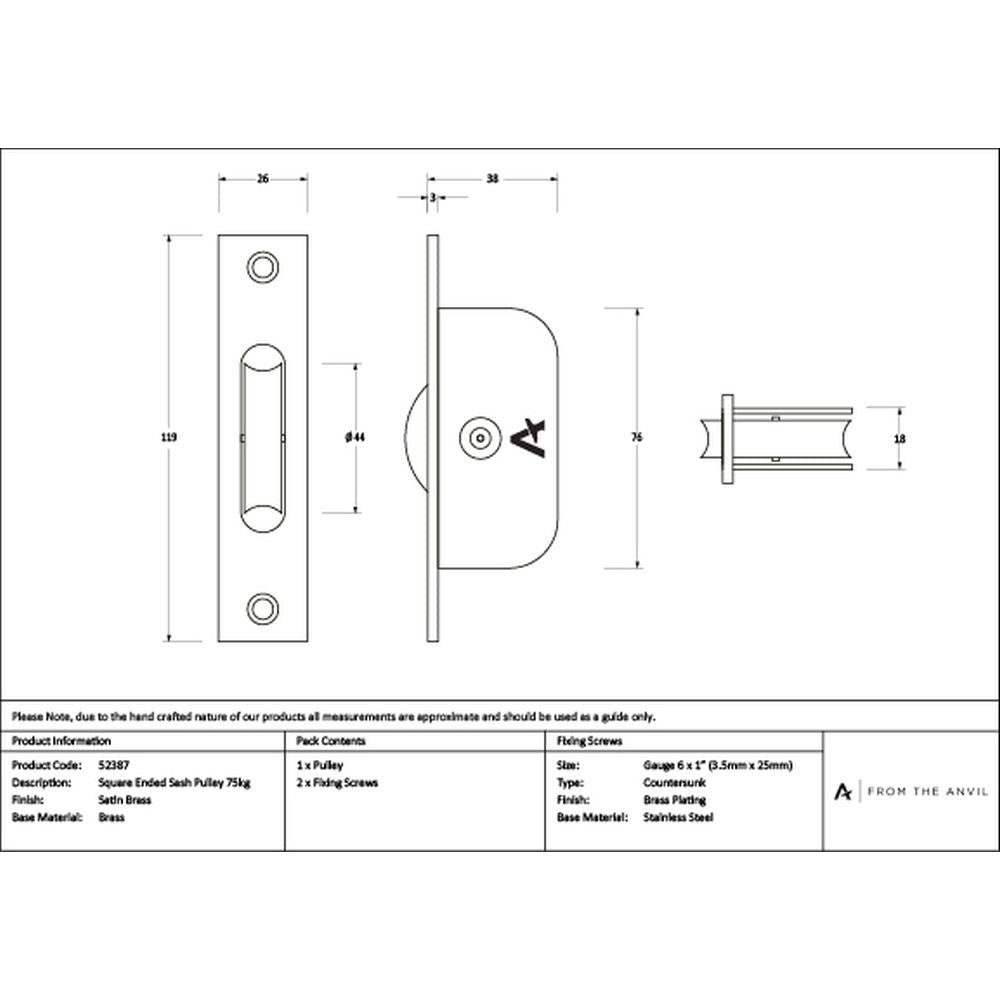 High quality images of the From The Anvil - Satin Brass Square Ended Sash Pulley 75kg | Sku. Anvil-52387 | available to order from Trade Door Handles, quick delivery at discounted prices.
