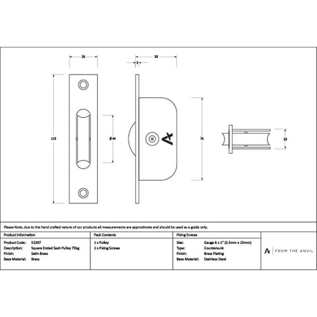 High quality images of the From The Anvil - Satin Brass Square Ended Sash Pulley 75kg | Sku. Anvil-52387 | available to order from Trade Door Handles, quick delivery at discounted prices.