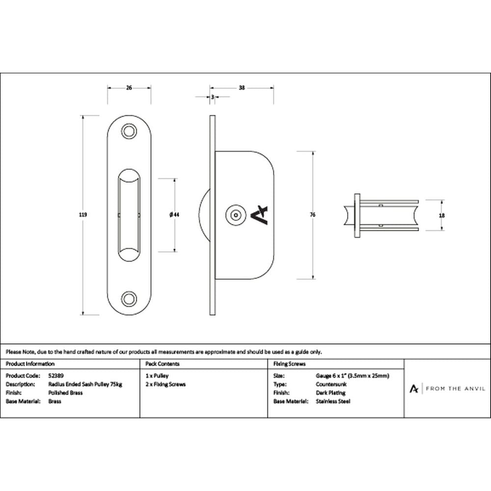 High quality images of the From The Anvil - Polished Brass Radiused Sash Pulley 75kg | Sku. Anvil-52389 | available to order from Trade Door Handles, quick delivery at discounted prices.