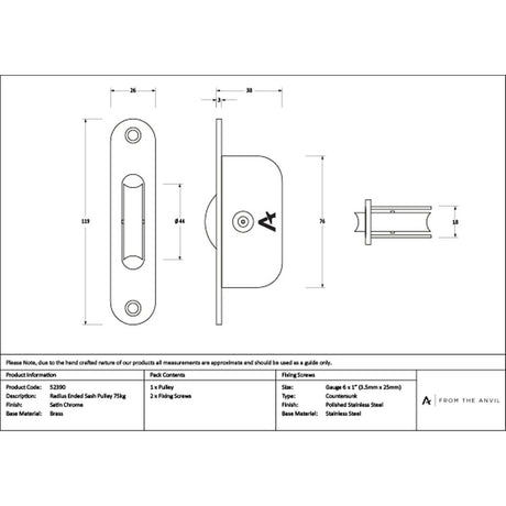 High quality images of the From The Anvil - Satin Chrome Radiused Sash Pulley 75kg | Sku. Anvil-52390 | available to order from Trade Door Handles, quick delivery at discounted prices.