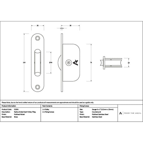 High quality images of the From The Anvil - Polished Nickel Radiused Sash Pulley 75kg | Sku. Anvil-52391 | available to order from Trade Door Handles, quick delivery at discounted prices.