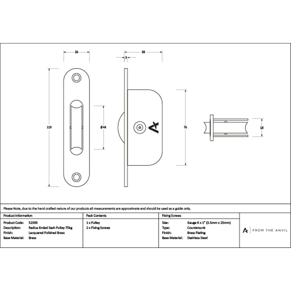 High quality images of the From The Anvil - Lacquered Brass Radiused Sash Pulley 75kg | Sku. Anvil-52393 | available to order from Trade Door Handles, quick delivery at discounted prices.