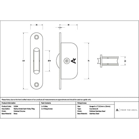 High quality images of the From The Anvil - Polished Chrome Radiused Sash Pulley 75kg | Sku. Anvil-52394 | available to order from Trade Door Handles, quick delivery at discounted prices.