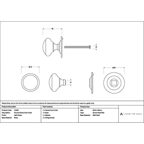High quality images of the From The Anvil - Satin Brass Round Centre Door Knob | Sku. Anvil-52405 | available to order from Trade Door Handles, quick delivery at discounted prices.